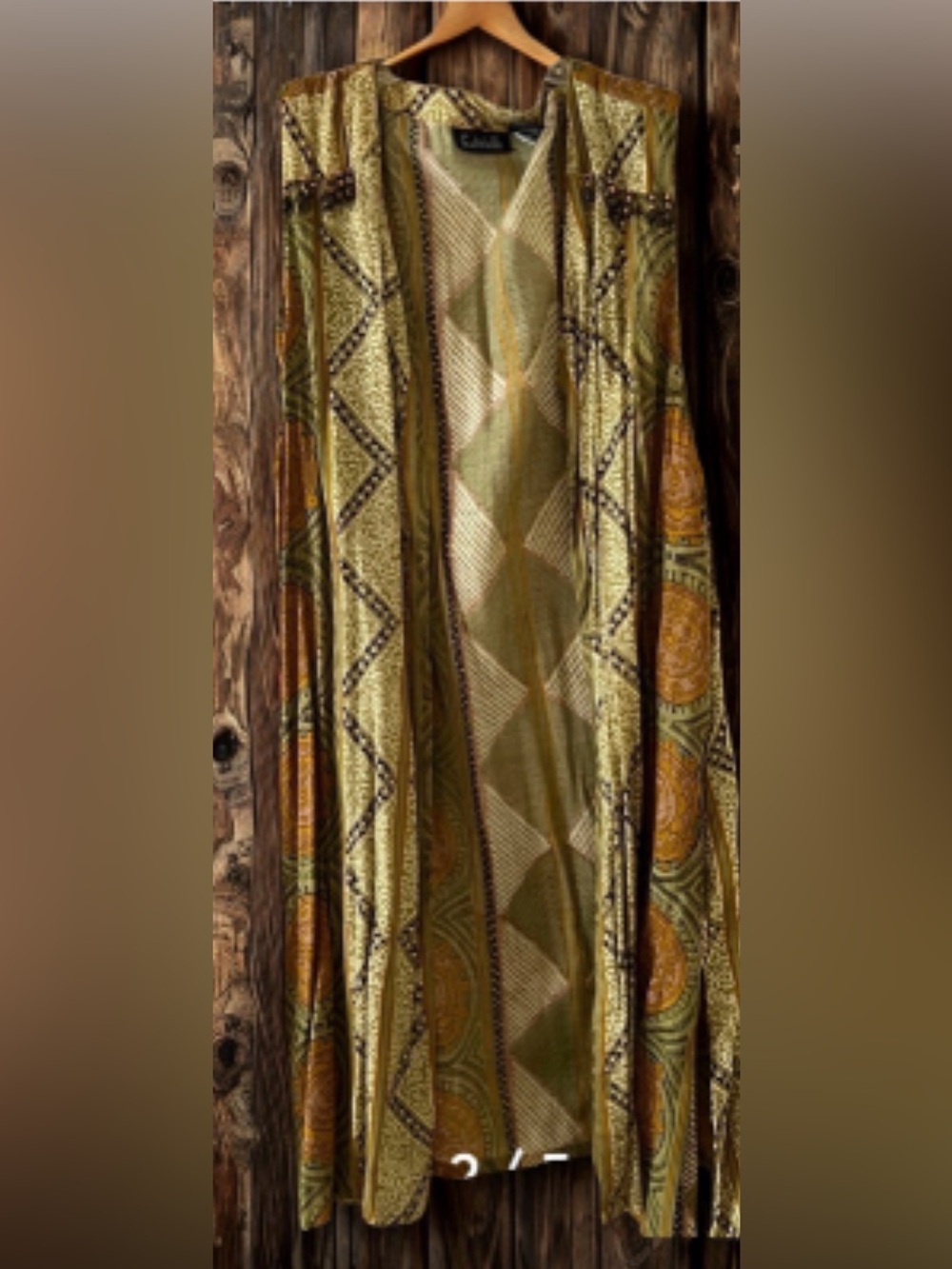 Bohemian Olive & Gold Patterned Women’s Longline Open Front SZ 2X